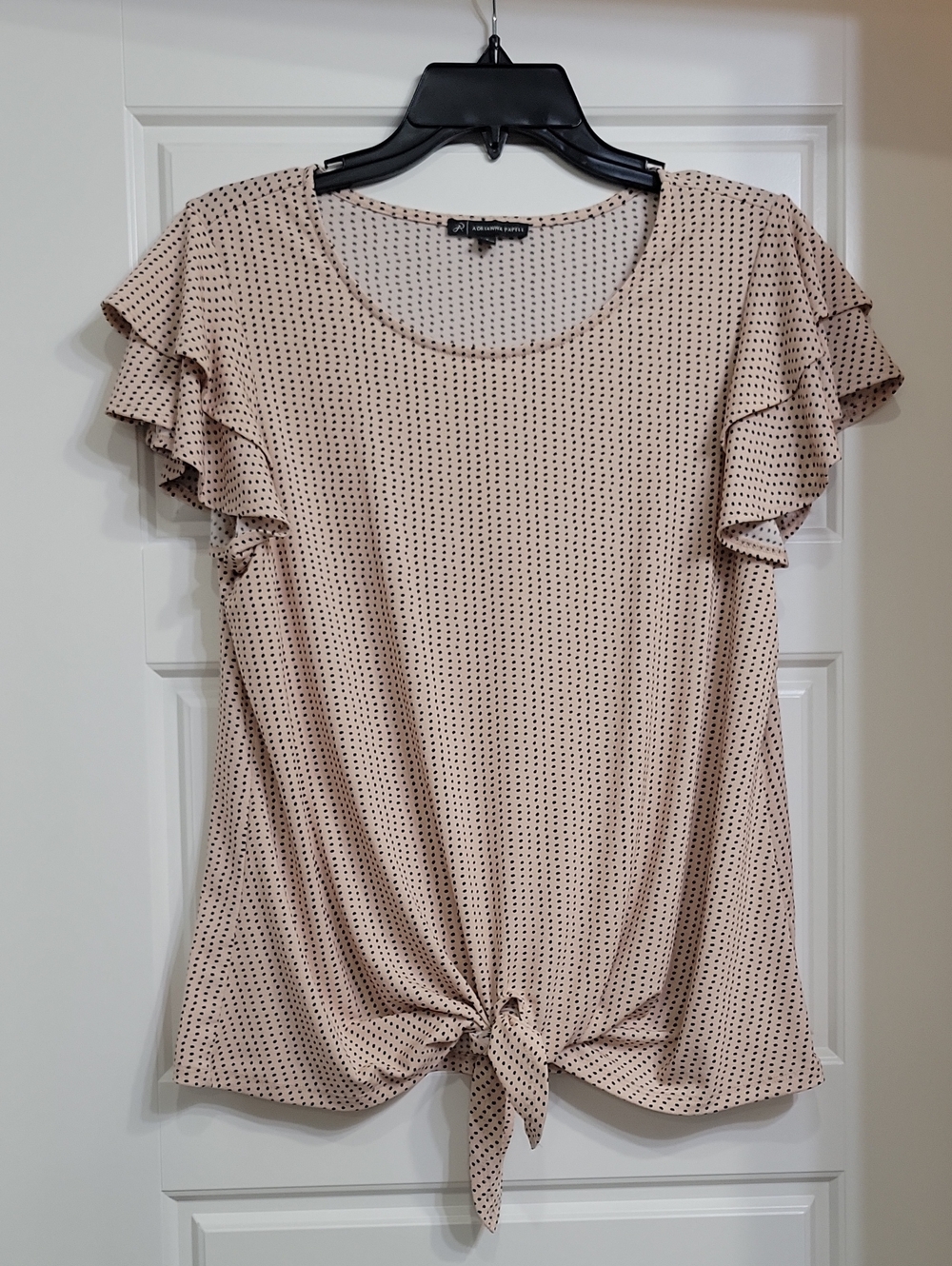 Adrianna Papell Blush Dot Tie-Front Ruffle Sleeve Blouse